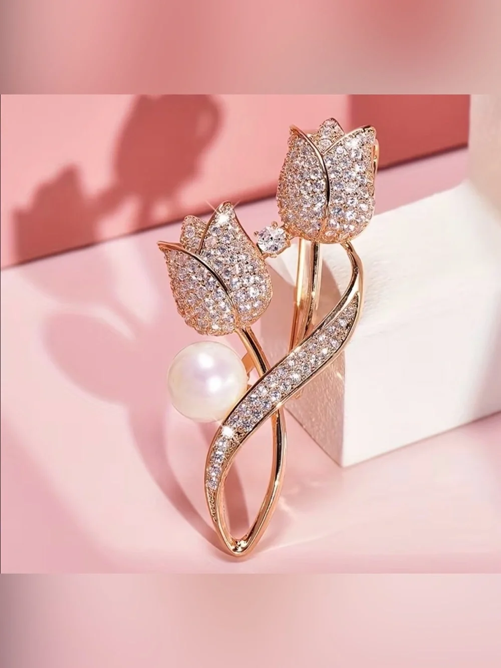 women’s gold-tone plated tulip brooch rhinestone accent white pearl detail